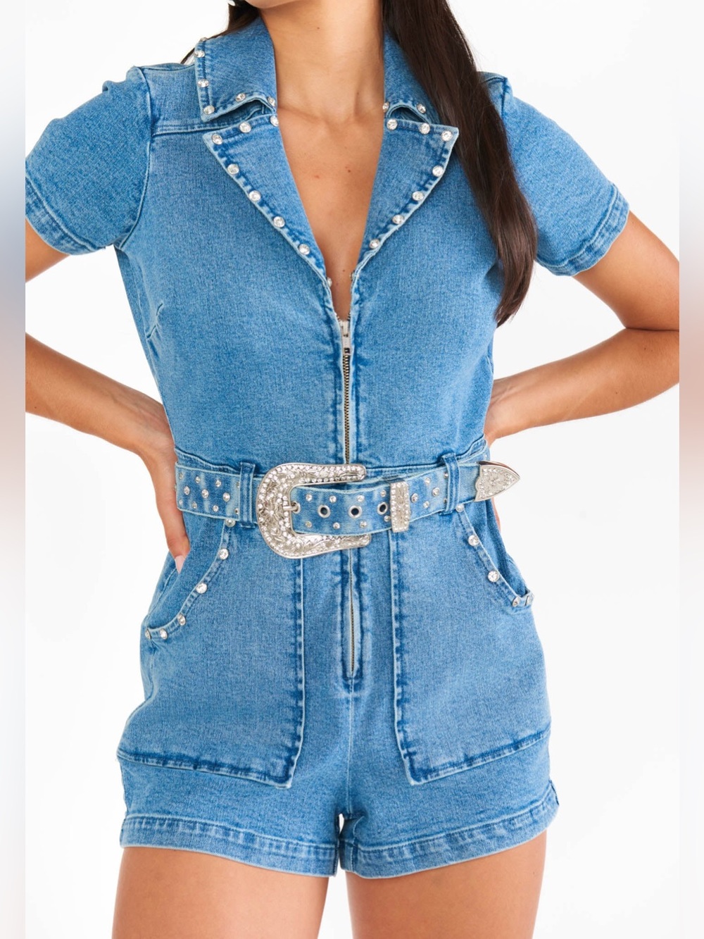 New Show me your Mumu outlaw studded denim romper size large